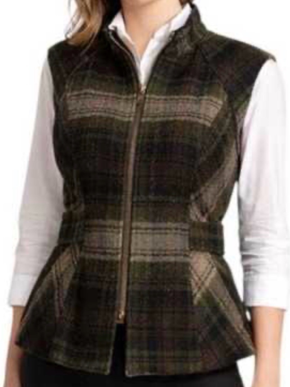 CAbi All Tied Up Plaid Flannel Tweed Zip Vest Green Brown Cream Wool Blend Small